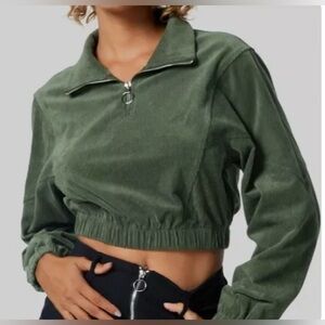 NWT Halara Early Edition Ribbed Corduroy 1/4 Zip Crop Pullover Dusty Blue/Gray M